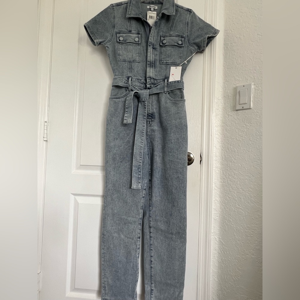 Good American Blue Denim Overalls with Belted Waist
